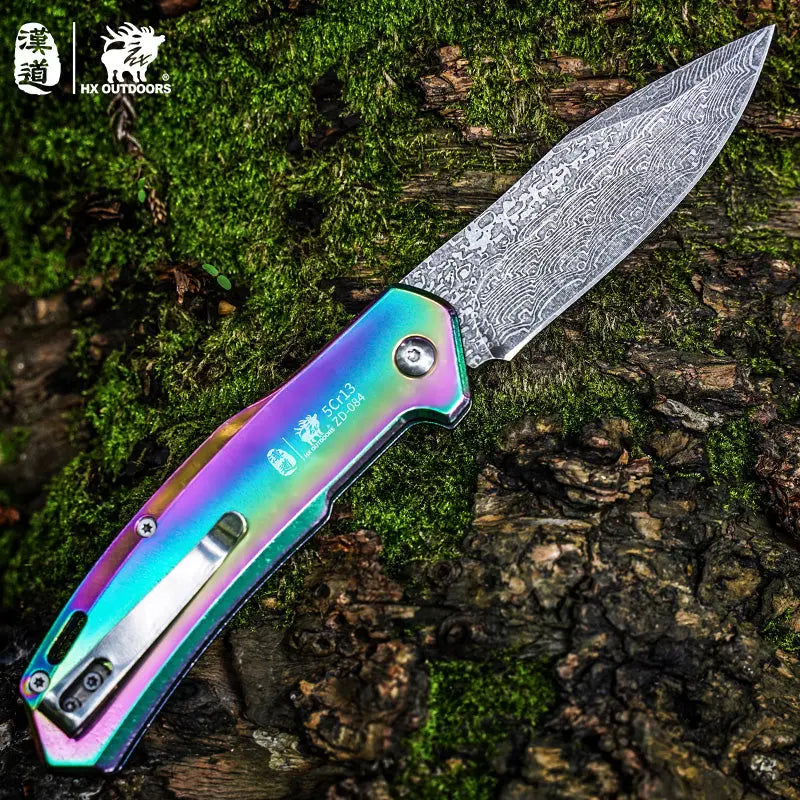 Pocket Knife HX OUTDOORS 3.46" 5CR15 CHAMELEON Slip Joint Folding Knife Aluminum Alloy and Etched Damascus Steel Pattern EDC, Emergency Tool ZD-084 from HX OUTDOORS