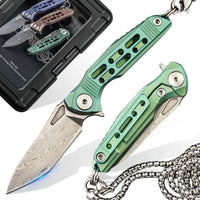 HX OUTDOORS MINI ARMORED | Pocket Knife | Liner Lock | 1.37" Damascus Blade | Green Titanium Handle | EDC-005D MINI ARMORED