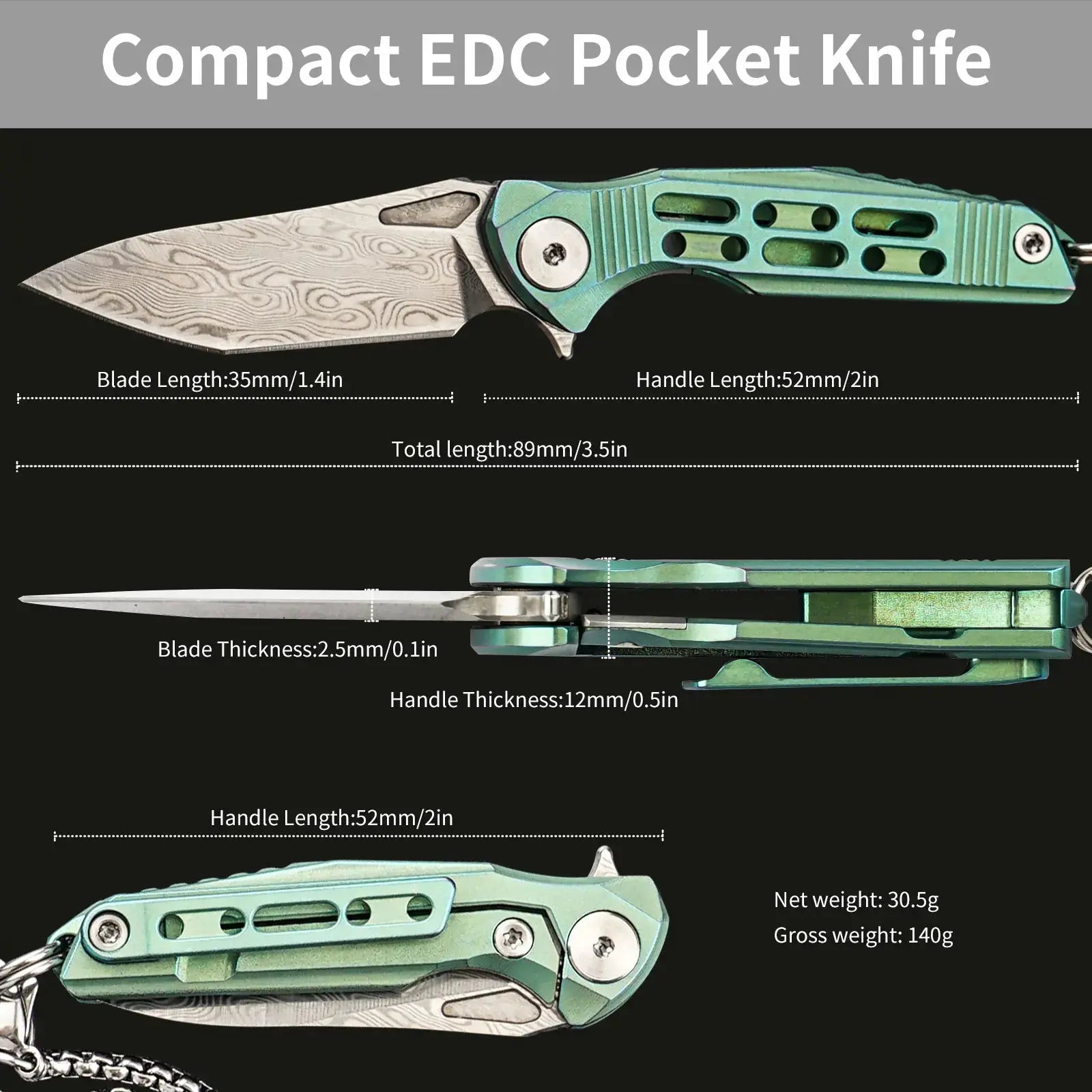 HX OUTDOORS MINI ARMORED | Pocket Knife | Liner Lock | 1.37" Damascus Blade | Green Titanium Handle | EDC-005D MINI ARMORED