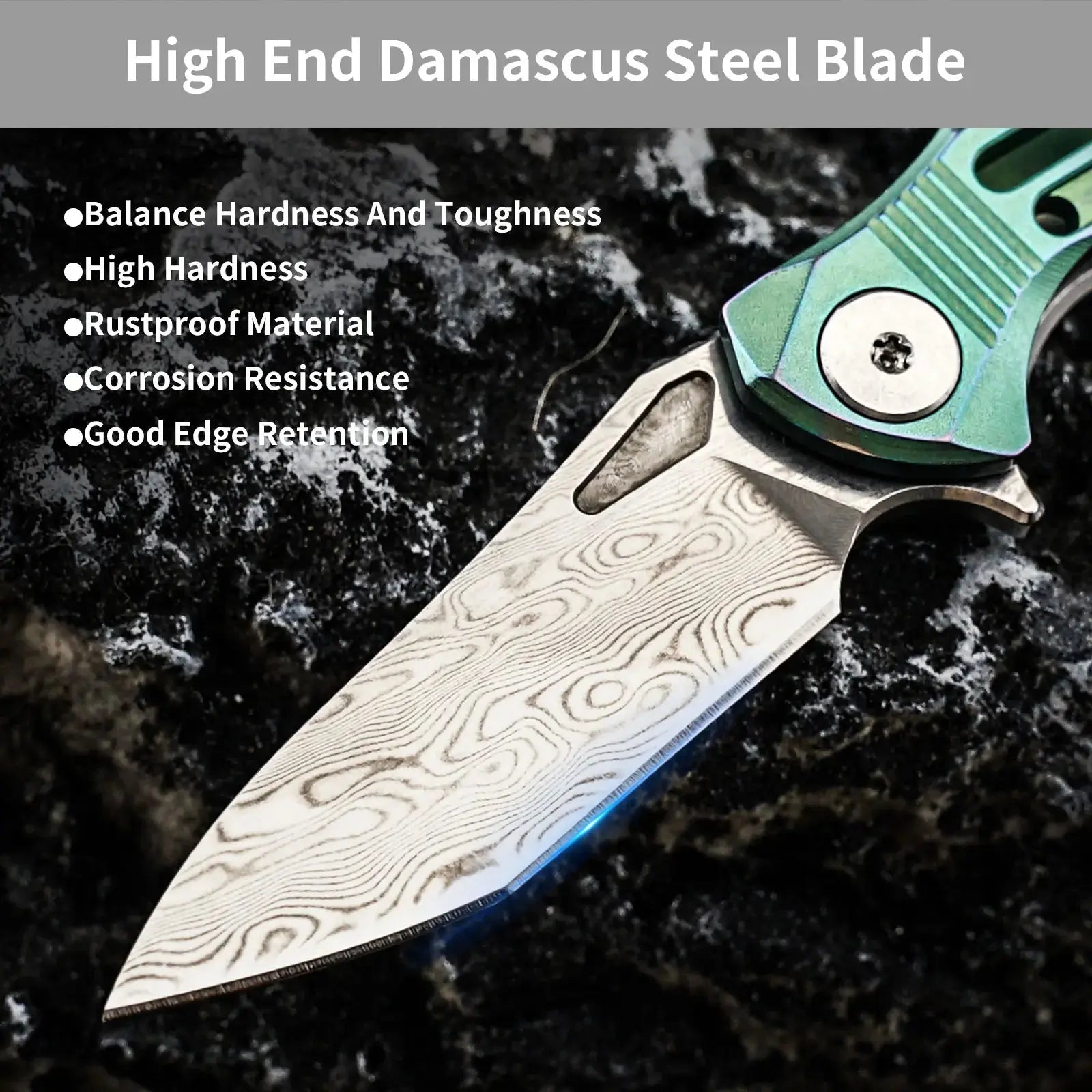 HX OUTDOORS MINI ARMORED | Pocket Knife | Liner Lock | 1.37" Damascus Blade | Green Titanium Handle | EDC-005D MINI ARMORED