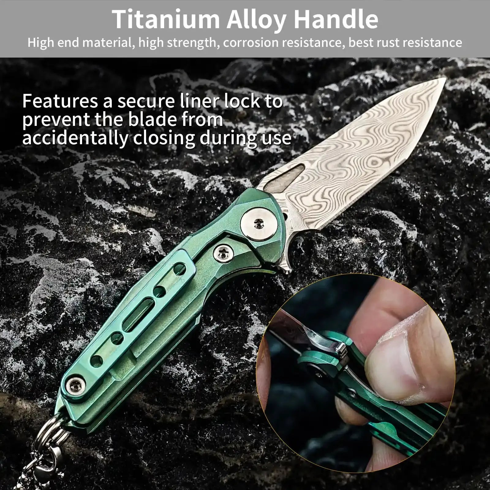 HX OUTDOORS MINI ARMORED | Pocket Knife | Liner Lock | 1.37" Damascus Blade | Green Titanium Handle | EDC-005D MINI ARMORED