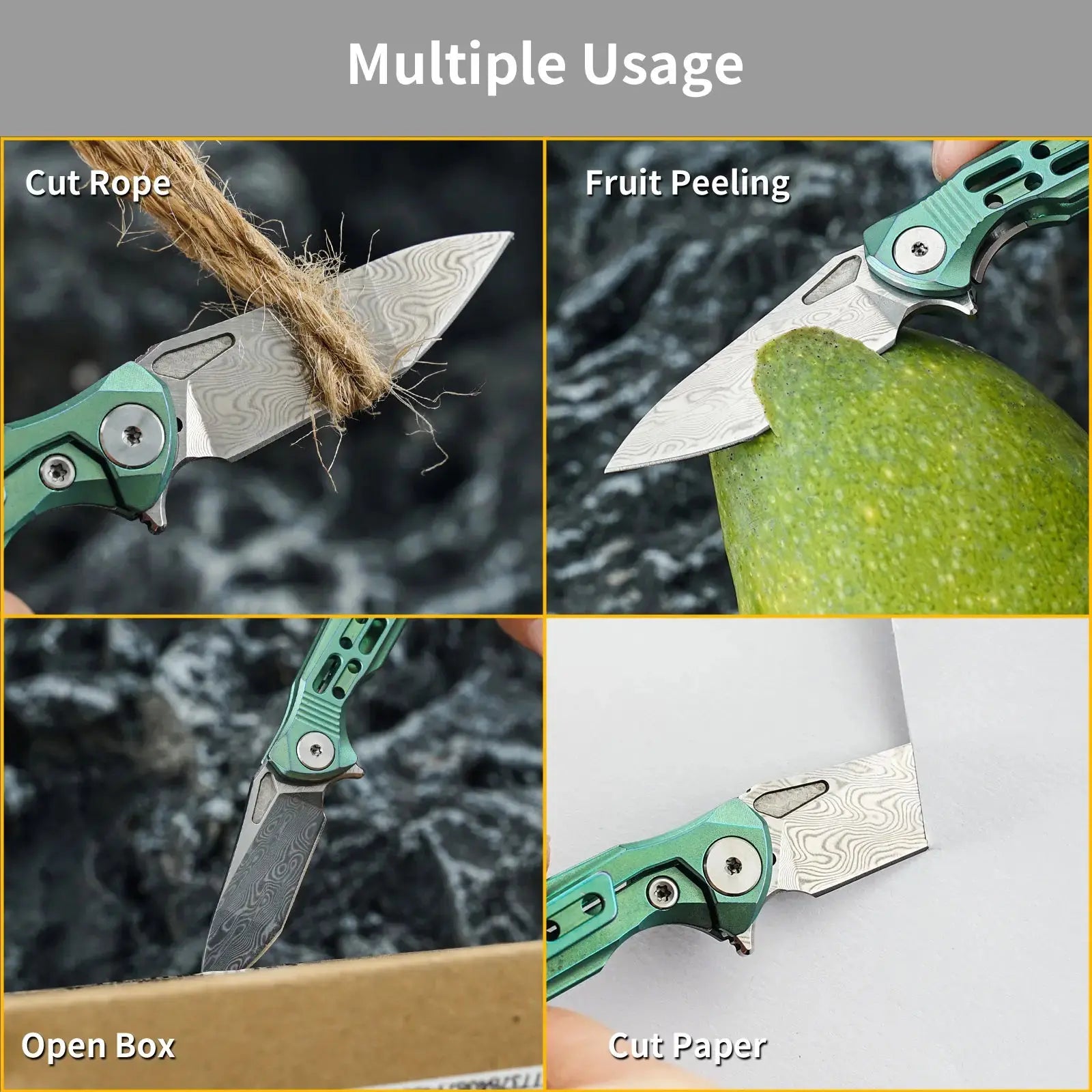 HX OUTDOORS MINI ARMORED | Pocket Knife | Liner Lock | 1.37" Damascus Blade | Green Titanium Handle | EDC-005D MINI ARMORED