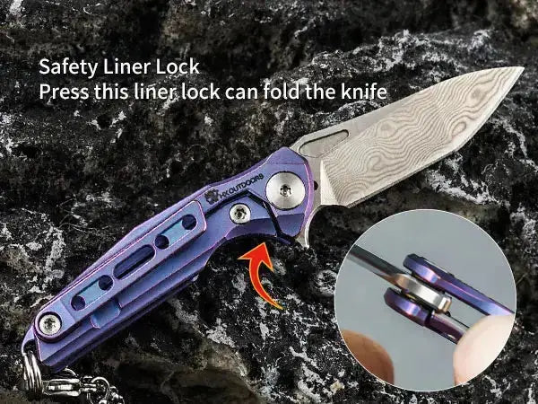 HX OUTDOORS MINI ARMORED | Pocket Knife | Liner Lock | 1.37" Damascus Blade | Pink Titanium Handle | EDC-005C MINI ARMORED