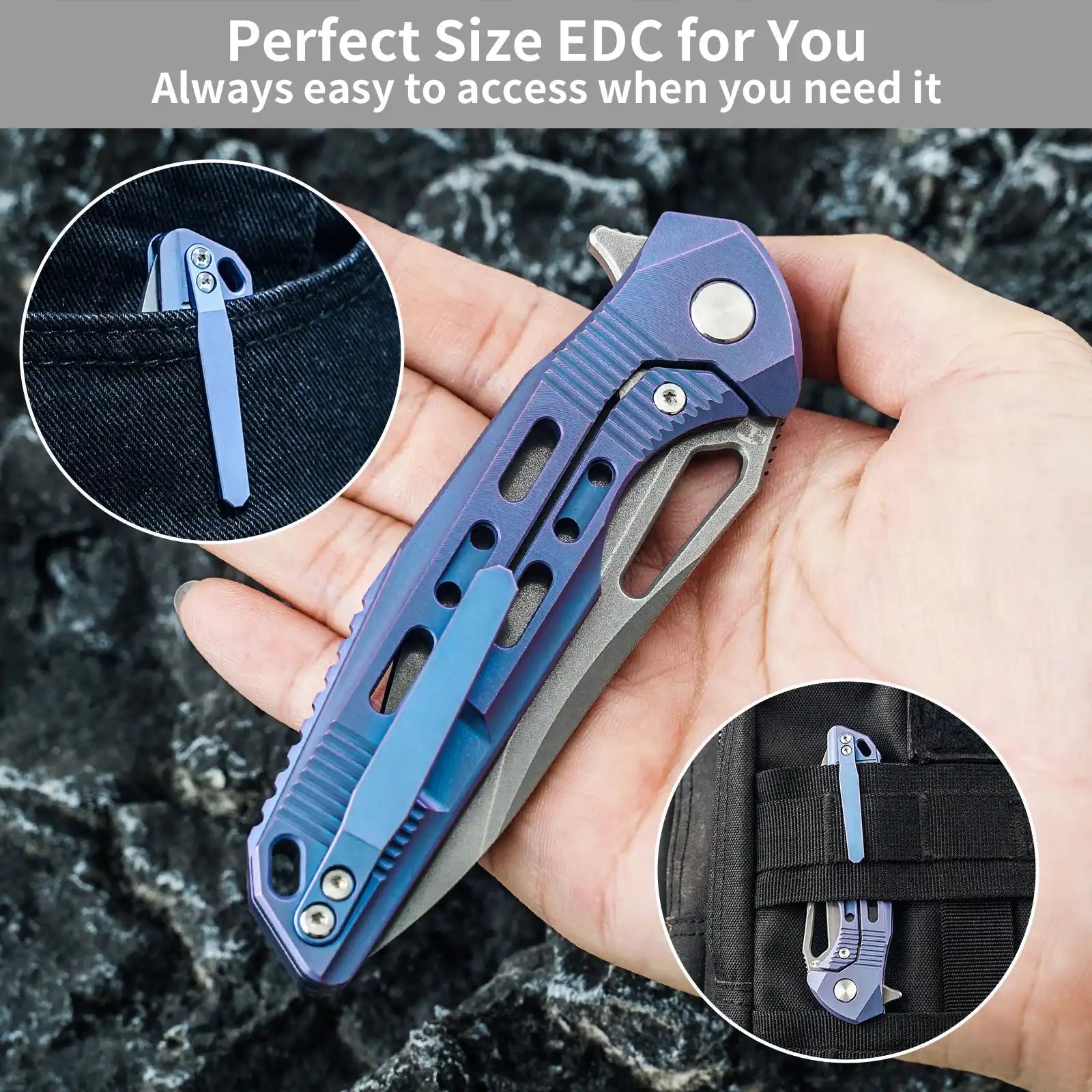 ARMORED M Damascus Blue Titanium | EDC Liner Lock Pocket Knife