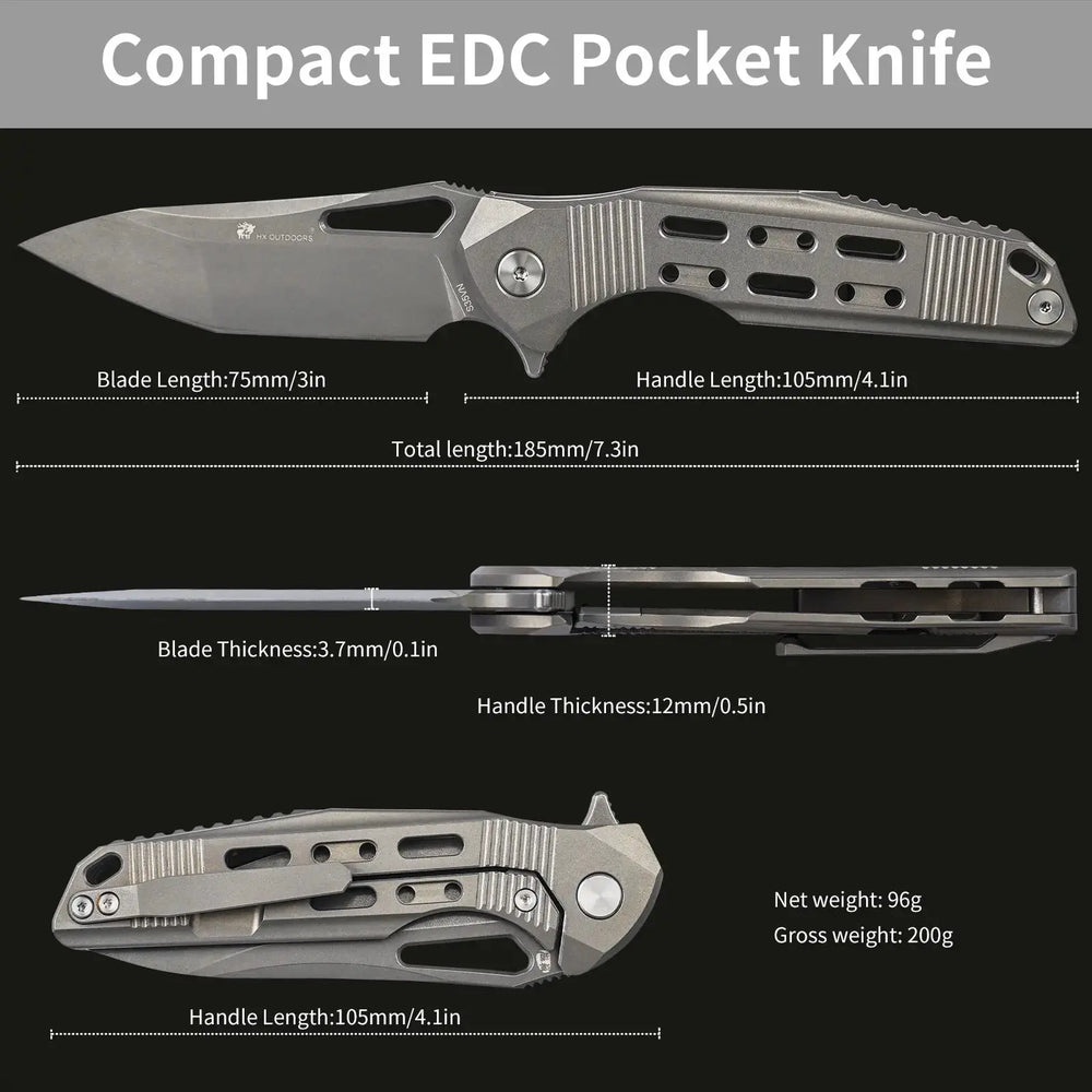 HX OUTDOORS ARMORED M | Pocket Knife | Liner Lock | 7.32" S35VN Blade | Silver Titanium Handle | ZD-022A ARMORED M