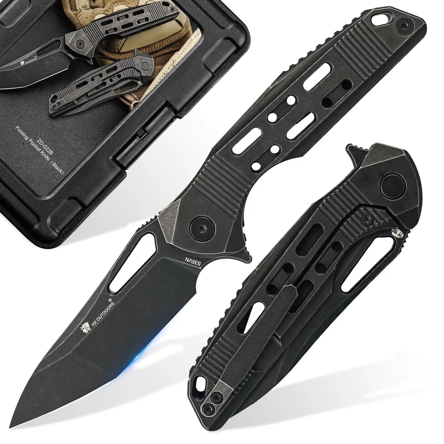 HX OUTDOORS ARMORED M | Pocket Knife | Liner Lock | 7.32" S35VN Blade | Black Titanium Handle | ZD-022B ARMORED M