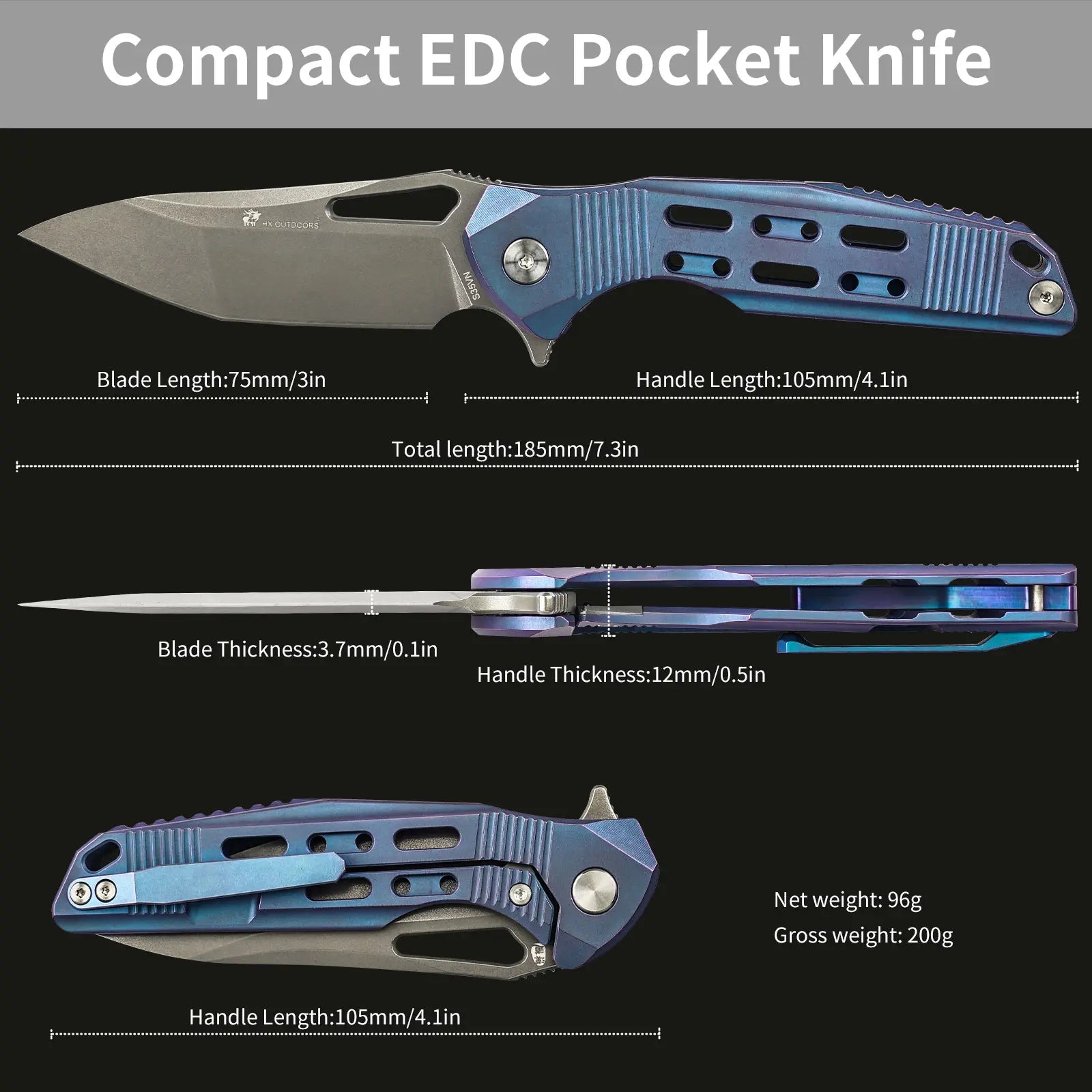 HX OUTDOORS ARMORED M | Pocket Knife | Liner Lock | 7.32" S35VN Blade | Blue Titanium Handle | ZD-022C ARMORED M