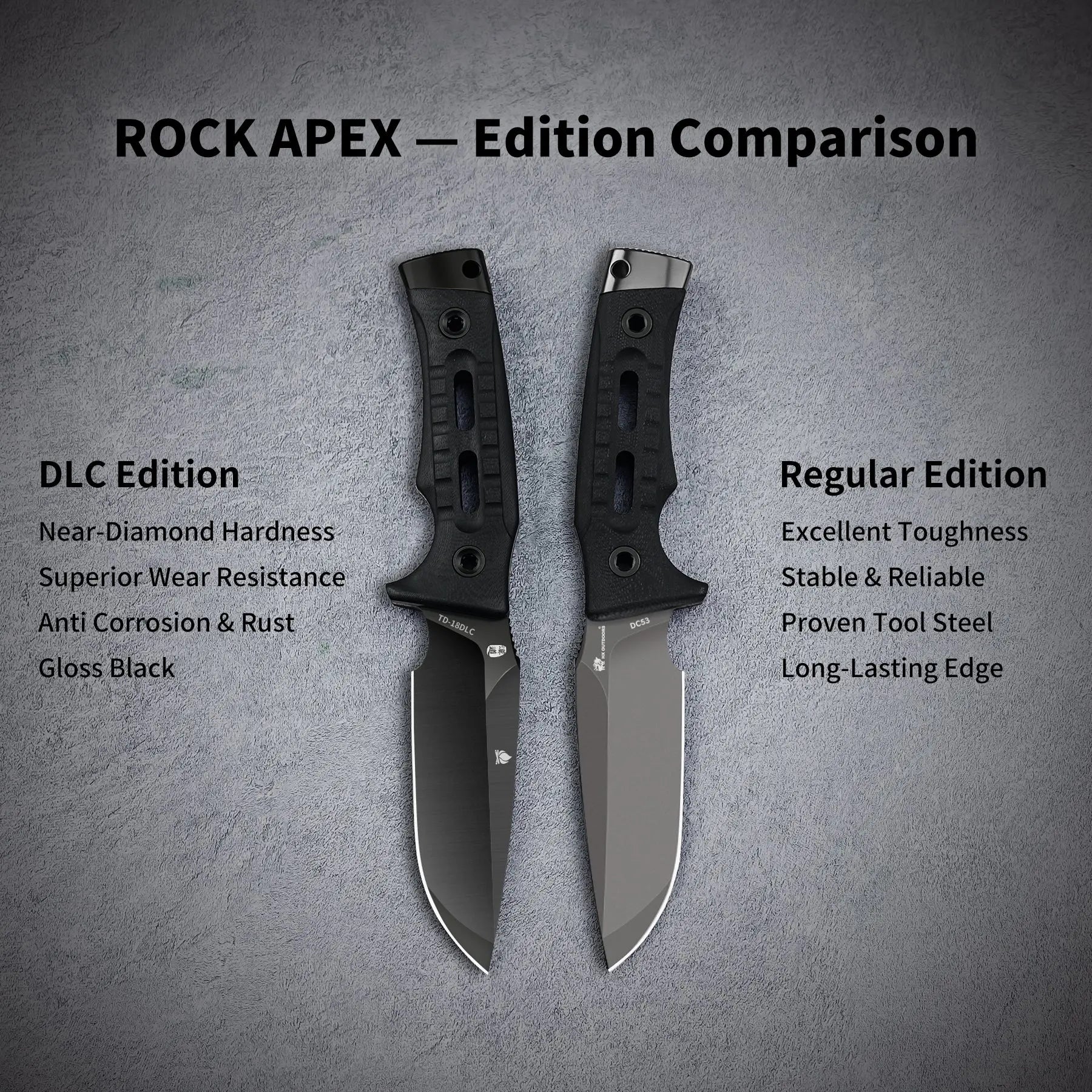 ROCK APEX DLC Edition DLC‑Coated DC53 Fixed Blade | Black G10 EDC