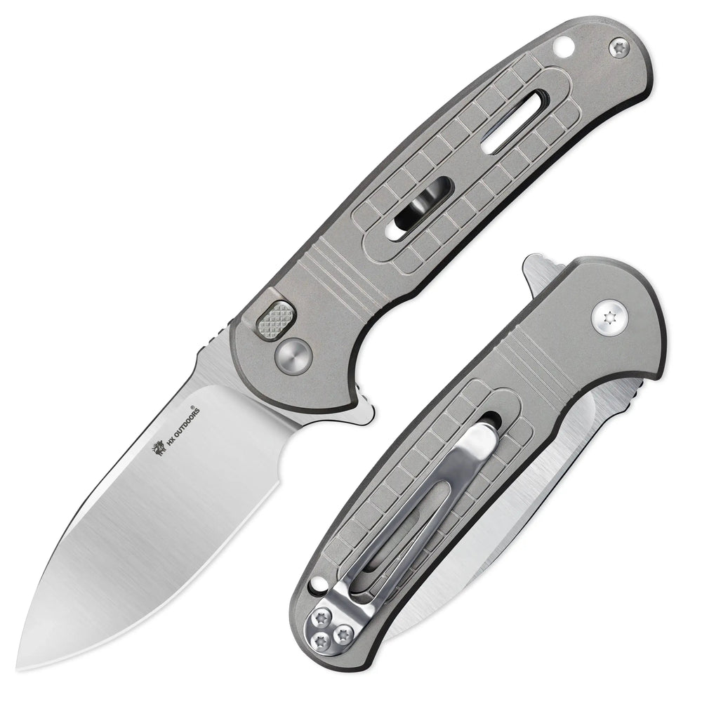 HX OUTDOORS ROCK SAPPHIRE | Pocket Knife | Button Lock | 2.4" 14C28N Blade | Silver Titanium Handle | ZD-114S ROCK SAPPHIRE