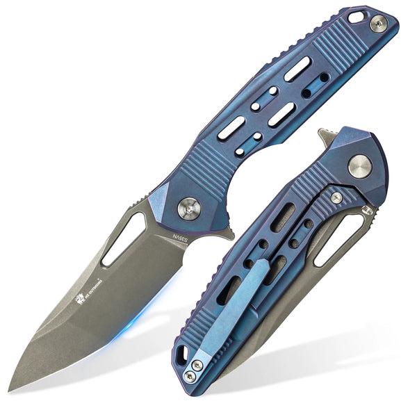 KISHIです ARMORED M Damascus Blue Titanium | EDC Liner Lock Pocket Knife