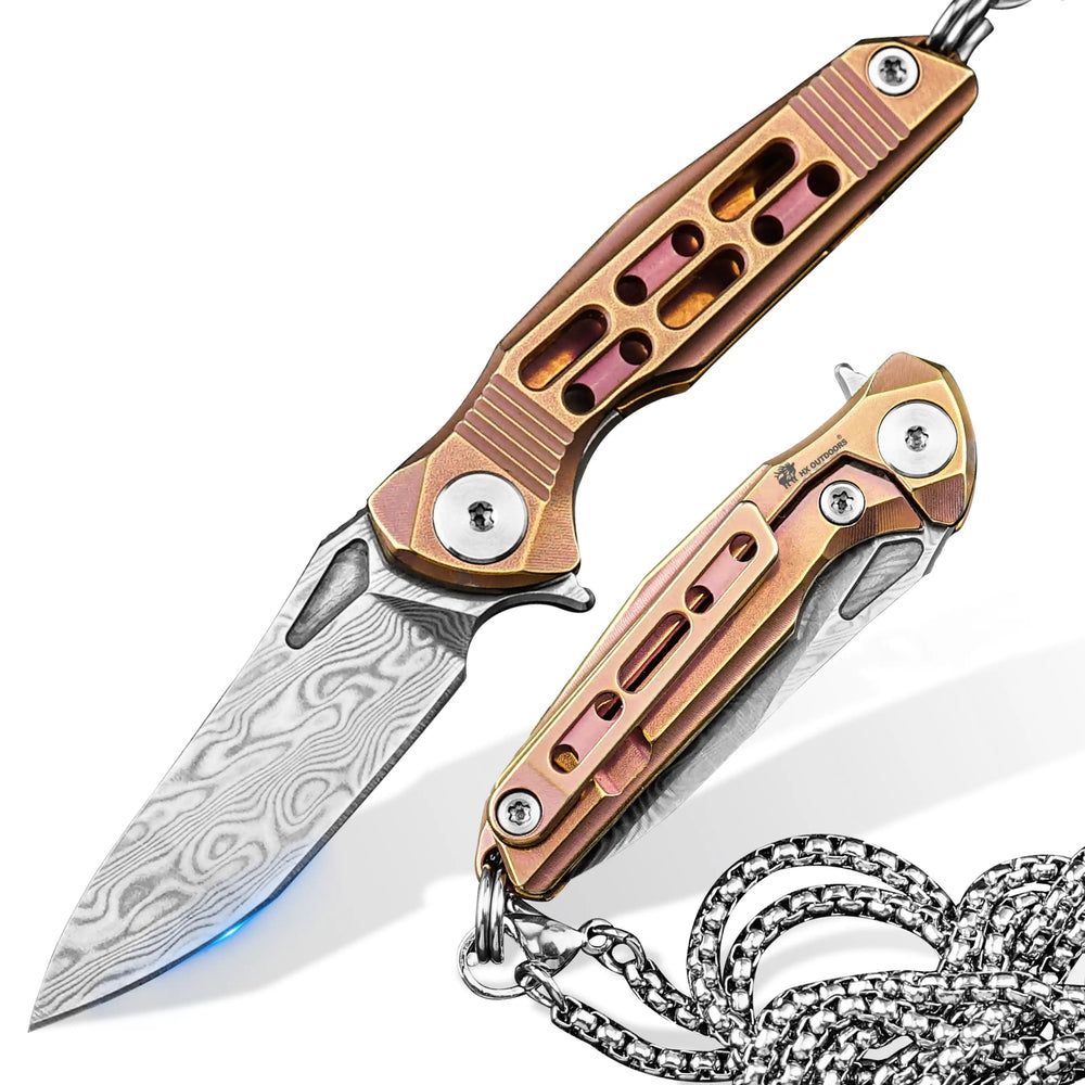 HX OUTDOORS MINI ARMORED | Pocket Knife | Liner Lock | 1.37" Damascus Blade | Pink Titanium Handle | EDC-005E MINI ARMORED