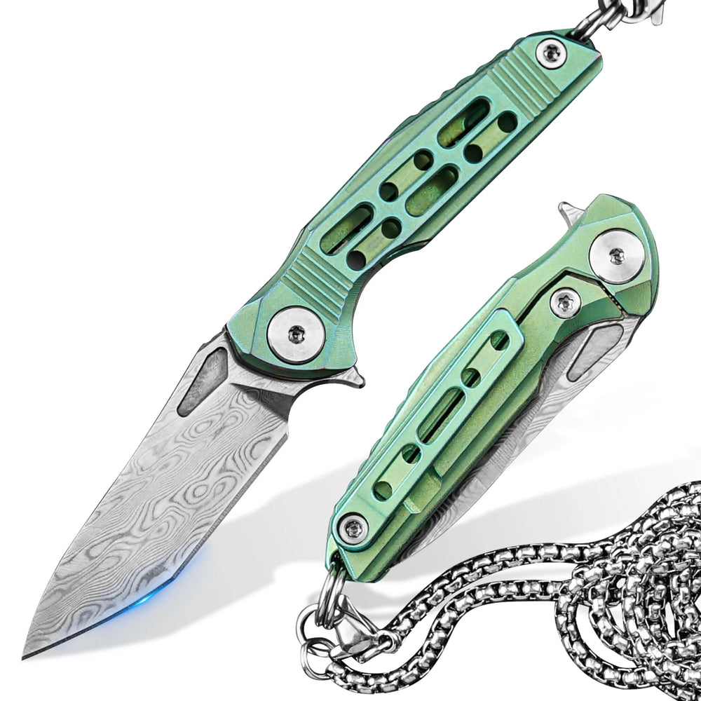 HX OUTDOORS MINI ARMORED | Pocket Knife | Liner Lock | 1.37" Damascus Blade | Green Titanium Handle | EDC-005D MINI ARMORED