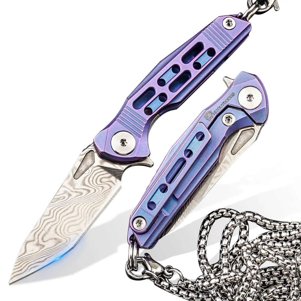 HX OUTDOORS MINI ARMORED | Pocket Knife | Liner Lock | 1.37" Damascus Blade | Pink Titanium Handle | EDC-005C MINI ARMORED