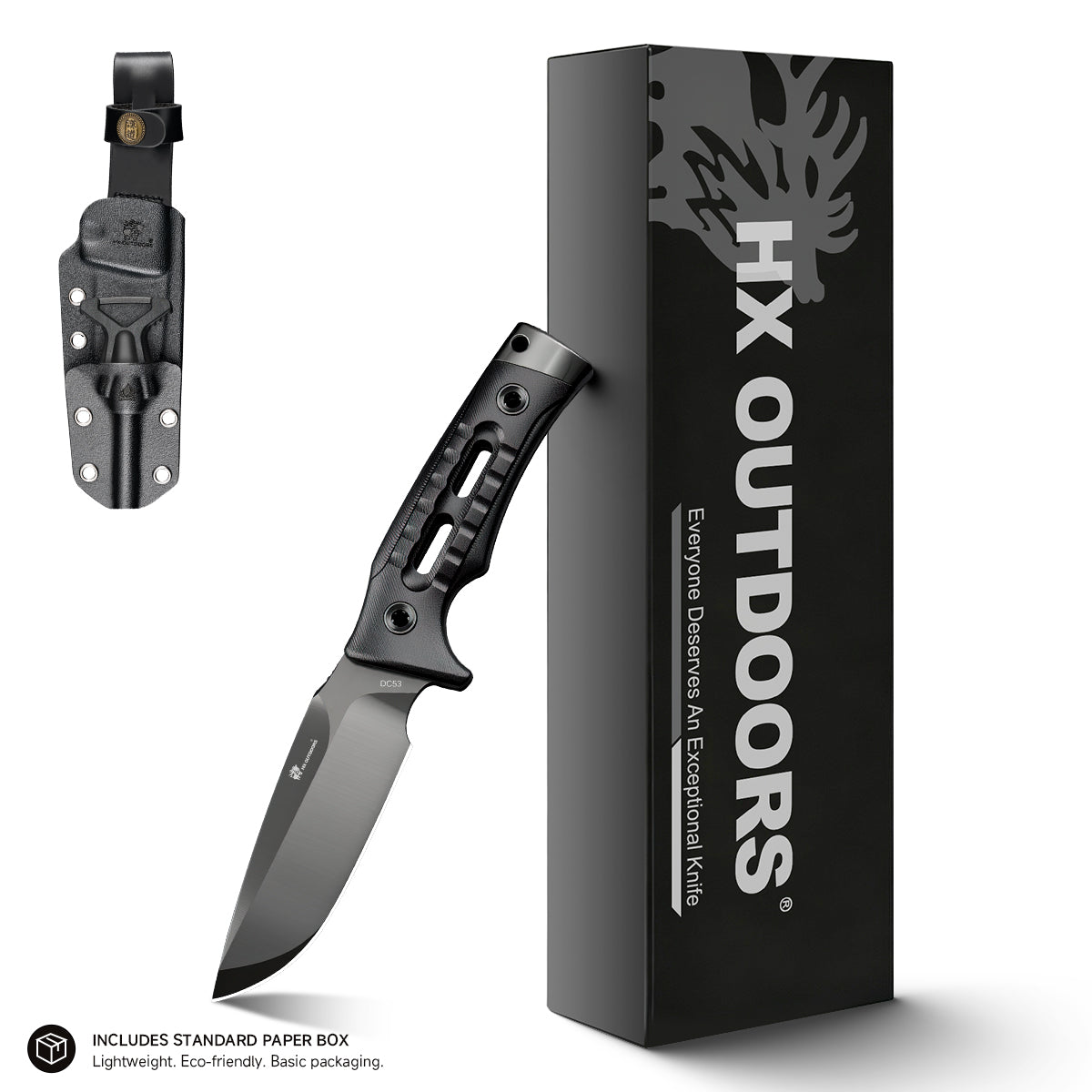 ROCK APEX DLC Edition Fixed Blade | 3.7" DLC‑Coated DC53 Blade | Black G10 Handle | HX OUTDOORS TD-18DLC