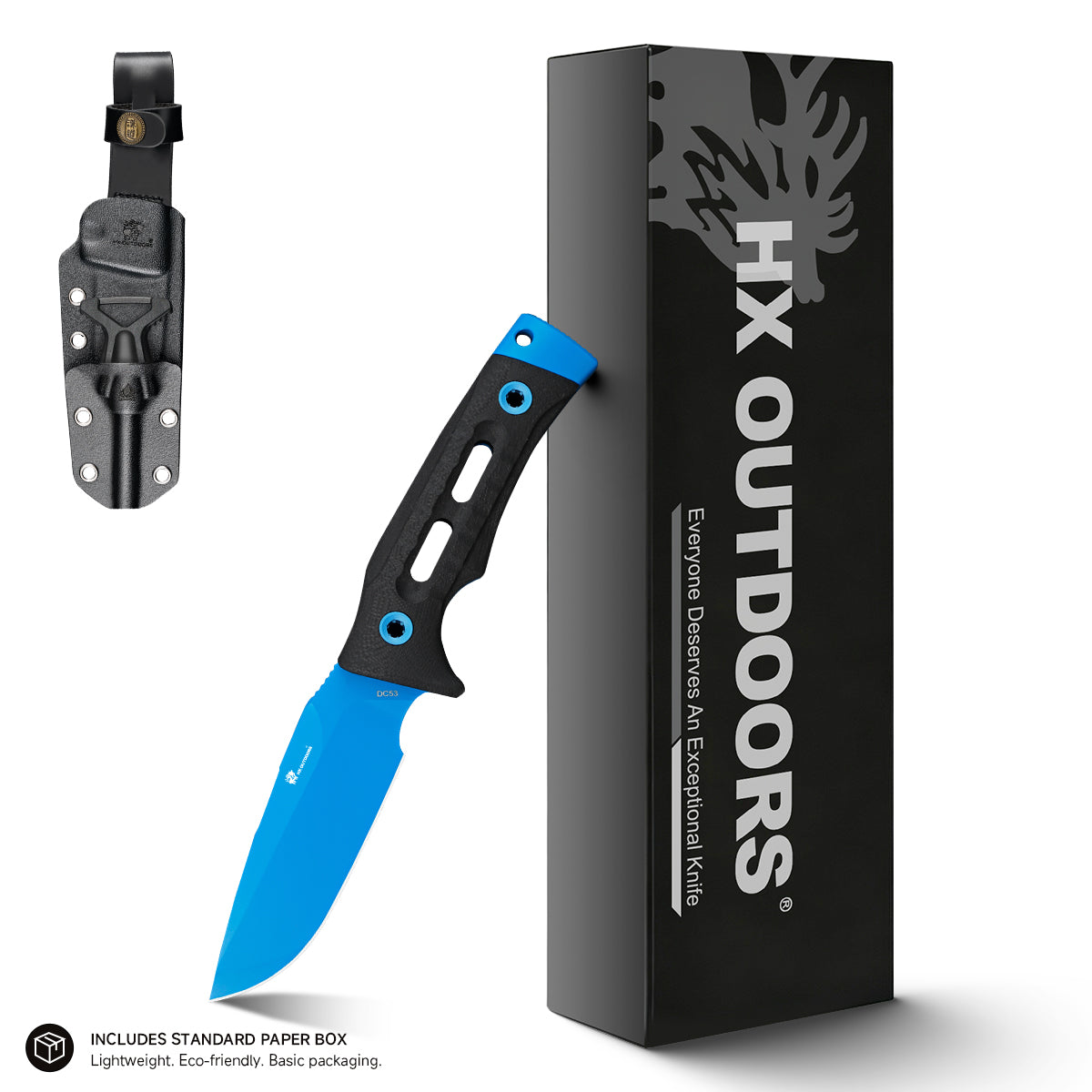 ROCK APEX Fixed Blade | 3.7" Blue DC53 Blade | Black G10 Handle | HX OUTDOORS TD-18L
