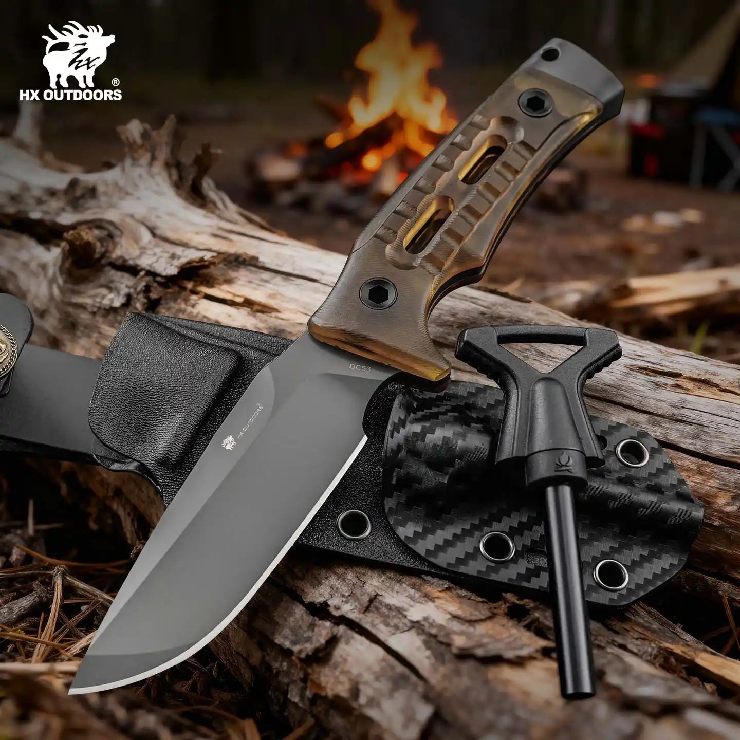 ROCK APEX Fixed Blade | 3.7" Gray Titanium Coating DC53 Blade | PEI Handle | HX OUTDOORS TD-18P
