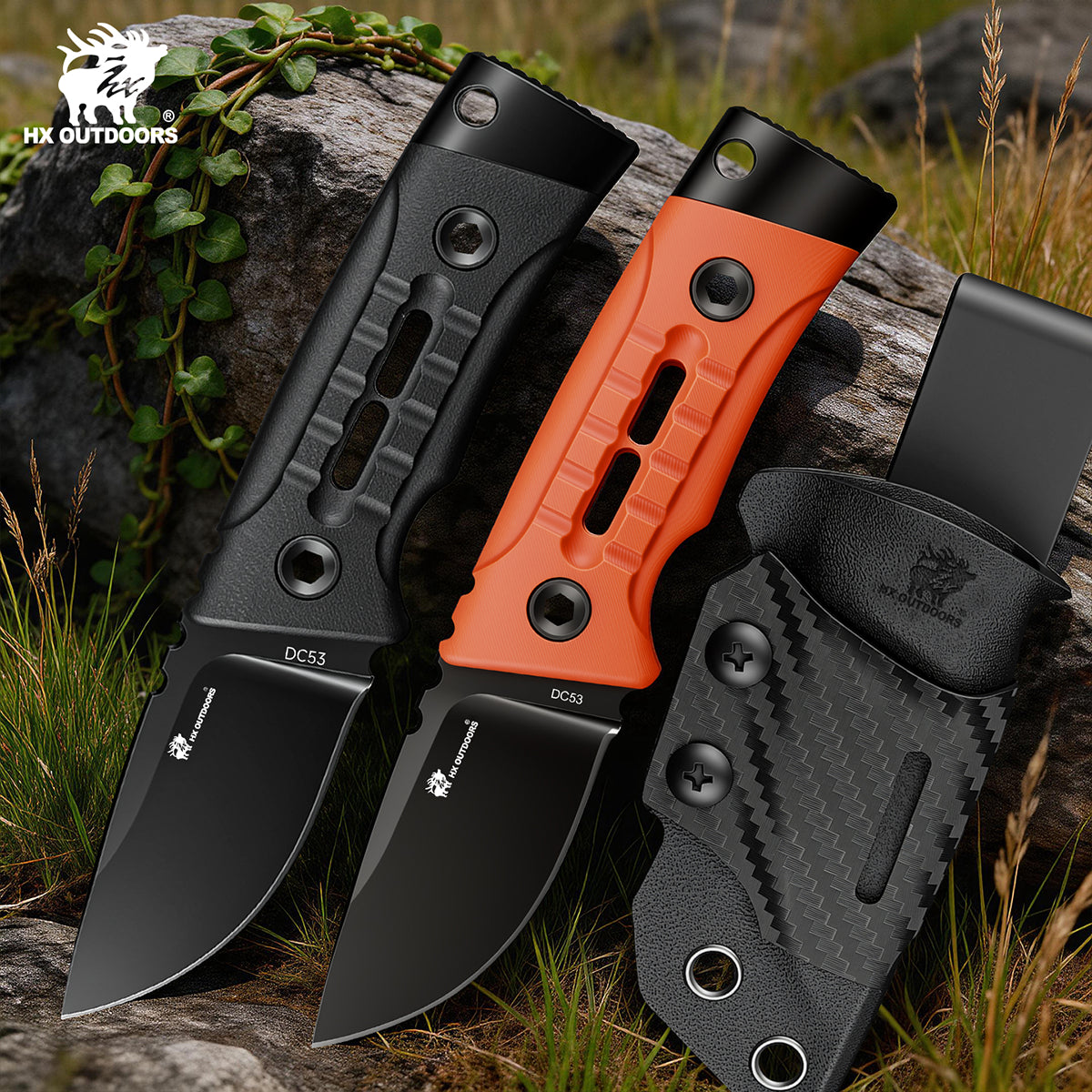 ROCK APEX MINI Black Titanium Coating DC53 Fixed Blade Orange G10