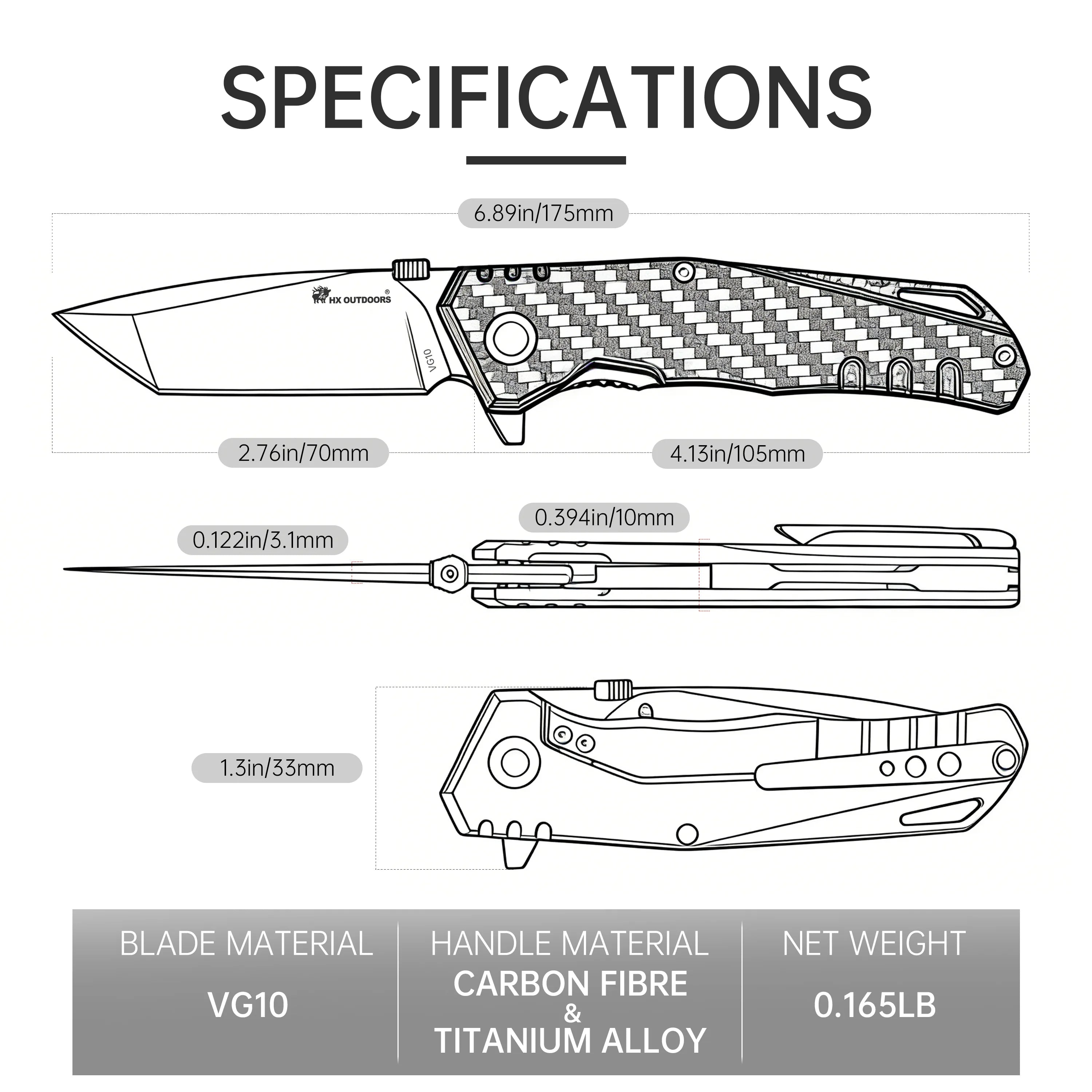 COBRA Pocket Knife | Frame Lock | 2.76" VG10 Blade | Carbon Fiber & Titanium Alloy Handle | HX OUTDOORS ZD-005