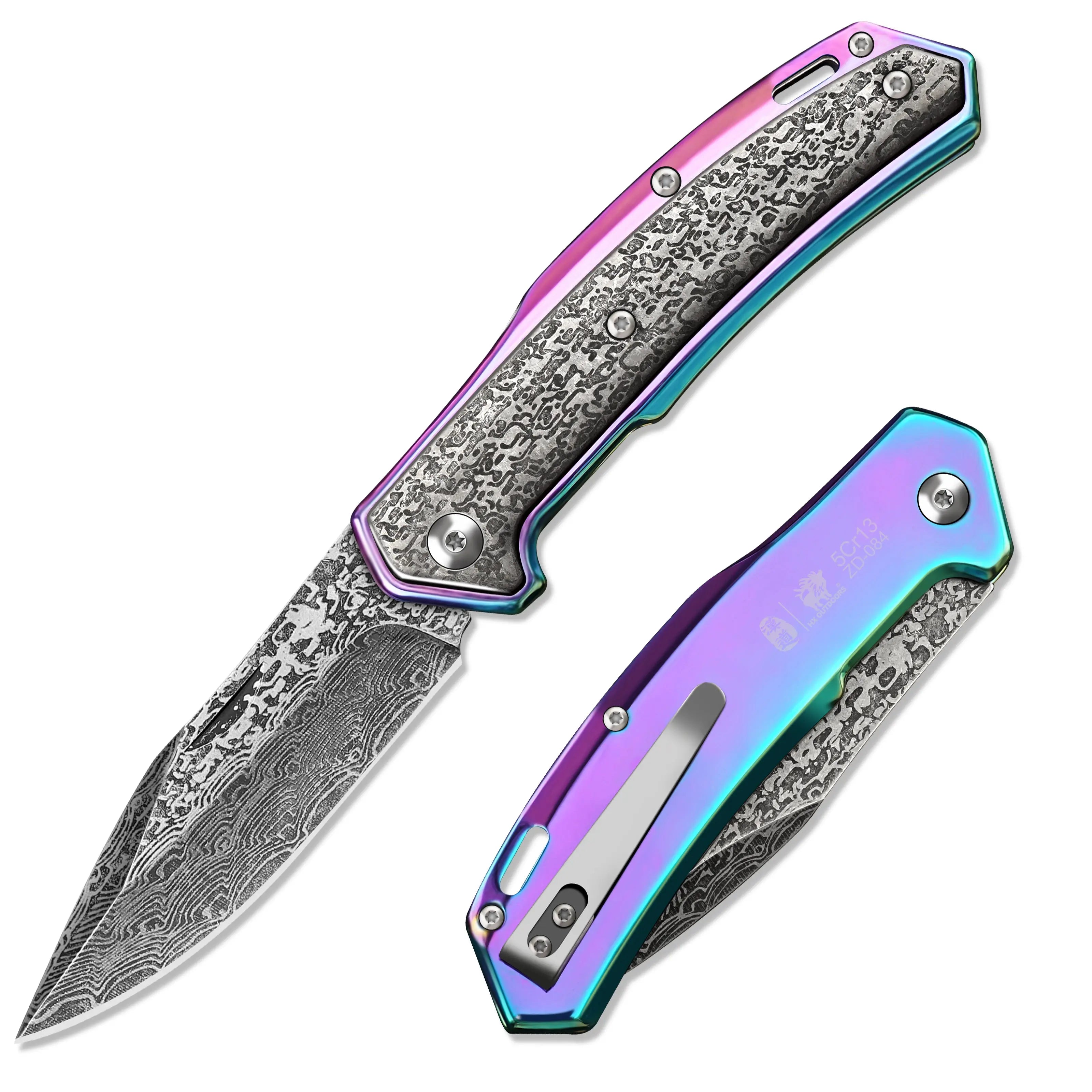 Pocket Knife HX OUTDOORS 3.46" 5CR15 CHAMELEON Slip Joint Folding Knife Aluminum Alloy and Etched Damascus Steel Pattern EDC, Emergency Tool ZD-084 from HX OUTDOORS