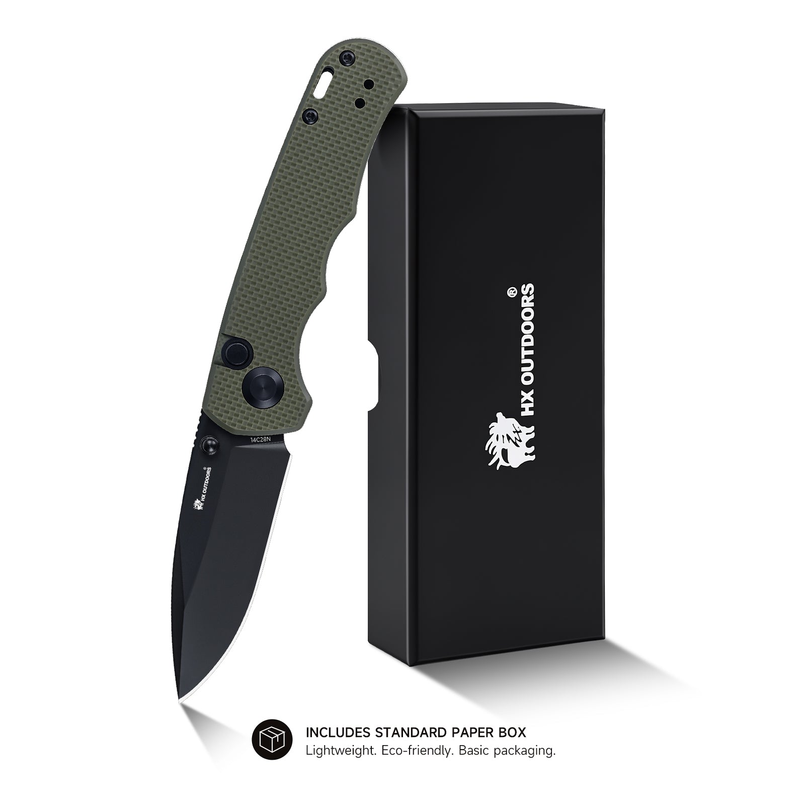 SCOUT | Pocket Knife | Button Lock | 2.68" 14C28N Black Blade | Military Green G10 Handle | HX OUTDOORS ZD-127A-S