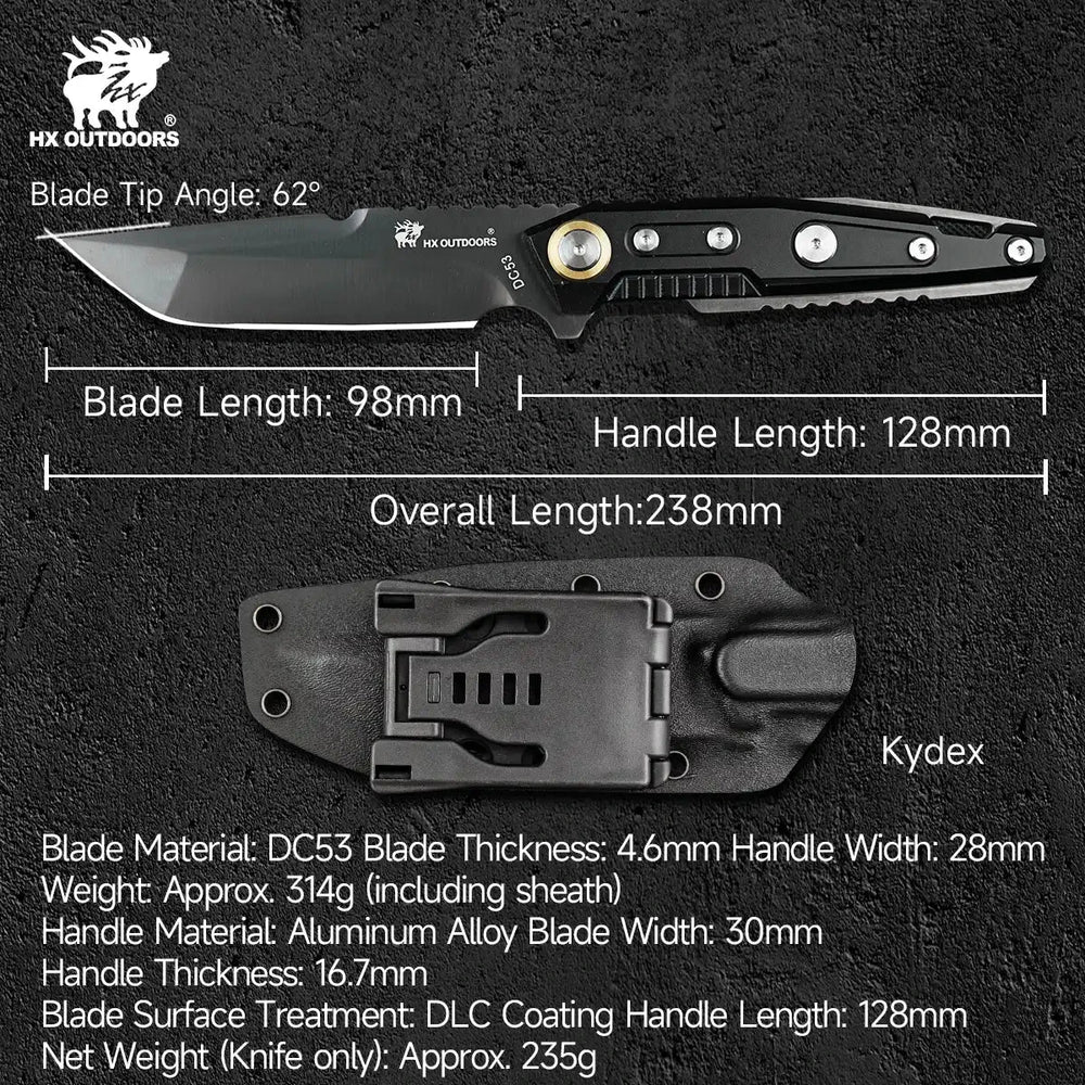 
                  
                    HX OUTDOORS MECHTITAN | Fixed Blade | 3.86" DLC‑Coated DC53 Blade | Black Aluminum Handle | D-220DLC MECHTITAN
                  
                